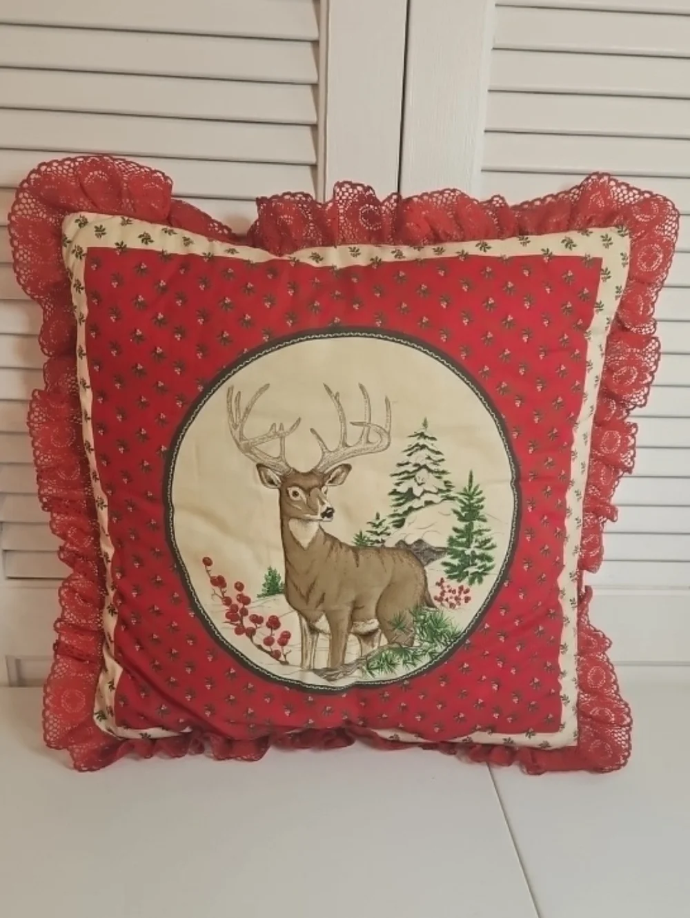 Vintage Christmas Pillow Handmade Double Sided 15” Buck Doe Deer Cardinals Lace